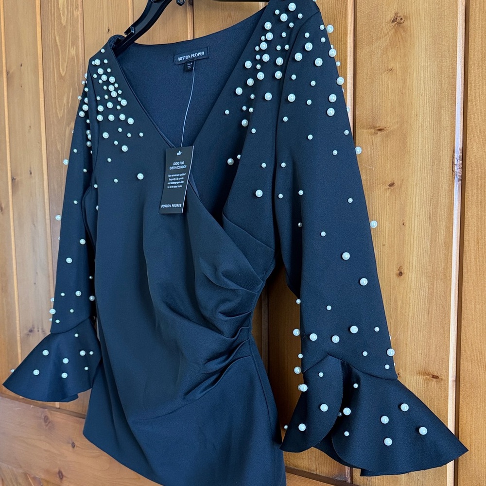 Boston Proper Elegant Black Pearl Embellished Bodice medium Top Blouse - Picture 5 of 12